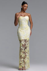 Livana Elegant Youthful Strapless Floral Embroidery Sheer Mermaid Maxi Dress