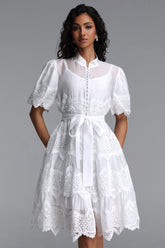 Maci Resort Flowy Puff Sleeve Floral Lace Woven Mini Dress