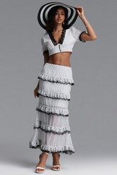 Frida Classic Tailored Short Sleeve Ruffle Polka Dot Chiffon Top and Skirt Two Piece Set