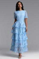 Yedda Resort Flowy Round Neck Short Sleeve Floral Embroidered Woven Blue Maxi Dress