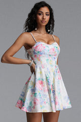 Katrina Resort Cinched Sleeveless Floral Print Woven Mini Dress