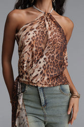Jaelyn Sexy Flowy Sleeveless Rhinestone Leopard Print Chiffon Top