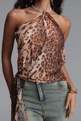 Jaelyn Sexy Flowy Sleeveless Rhinestone Leopard Print Chiffon Top