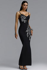 Farrah Chic Contour Spaghetti Strap V Neck Leaf Rhinestone High Slit Bandage Maxi Dress