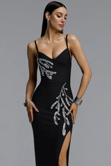 Farrah Chic Contour Spaghetti Strap V Neck Leaf Rhinestone High Slit Bandage Maxi Dress