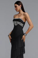 Ella Dynamic Contour Strapless Floral Leaf Rhinestone Asymmetric Mesh Bandage Midi Dress