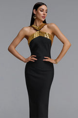 Riza Chic Contour Halter Rhinestone Bandage Gold Maxi Dress