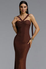 Karsten Edgy Contour Halter Twist Sequin Caramel Maxi Dress