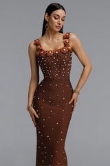 Shea Elegant Contour Square Neck Floral Pearl Bandage Brown Maxi Dress