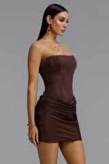Janiyah Vintage Contour Strapless Rhinestone Mesh Ruched Sash Mini Dress