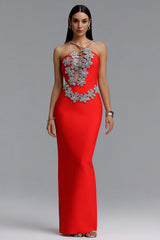 Veronic Glamorous Contour Halter Cut Out Rhinestone Floral Bandage Red Maxi Dress