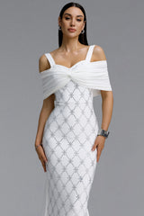 Zambezi Chic Contour Off Shoulder Twist Rhinestone Lattice Bandage Maxi Dress