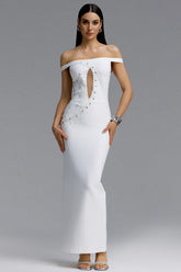 Viomo Elegant Contour Off Shoulder Gradient Rhinestone Cut Out Bandage Maxi Dress