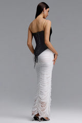 Temaie Luxurious Contour Spaghetti Strap V Neck Rhinestone Ruched Two Piece Maxi Dress