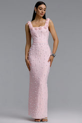 Shea Elegant Contour Square Neck Floral Pearl Bandage Pink Maxi Dress