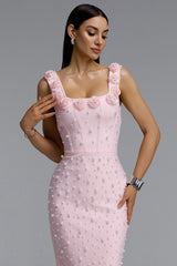 Shea Elegant Contour Square Neck Floral Pearl Bandage Pink Maxi Dress