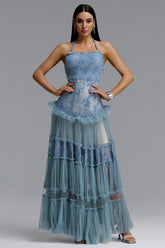 Stacy Romantic Contour Halter Floral Lace Tulle Maxi Blue Dress