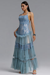 Stacy Romantic Contour Halter Floral Lace Tulle Maxi Blue Dress