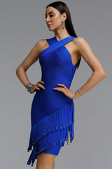 Sarada Edgy Contour Wide Strap Square Neck Asymmetrical Grommet Fringe Bandage Mini Dress