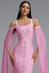 Kawko Romantic Contour Wide Strap Square Neck Symmetric Rhinestone Chiffon Cape Slit Bandage Maxi Dress