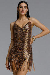 Lopez Sexy Halter Leopard Print Chainmail Mini Dress