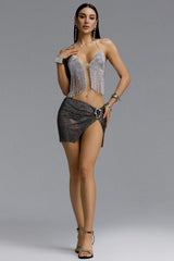 Vedasa Edgy High Waist Asymmetrical Slit Rhinestone Mesh Metal Buckle Mini Skirt
