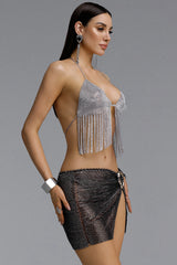 Vedasa Edgy High Waist Asymmetrical Slit Rhinestone Mesh Metal Buckle Mini Skirt