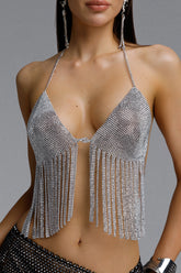 Mignon Edgy Rhinestone Chain Halter Deep V Fringe Crop Top