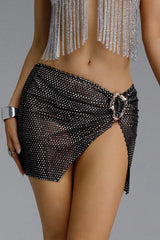 Vedasa Edgy High Waist Asymmetrical Slit Rhinestone Mesh Metal Buckle Mini Skirt