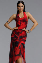 Kimivi Contour Halter U Neck Floral Print Knotted Maxi Dress