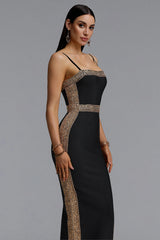Lestie Minimalist Contour Straight Neck Gold Woven Bandage Midi Dress