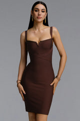 Miopa Minimalist Contour Wide Strap Heart V Neck Cross Waist Brown Bandage Midi Dress