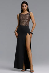 Doma Luxurious Contour Sleeveless Grid High Slit Maxi Dress
