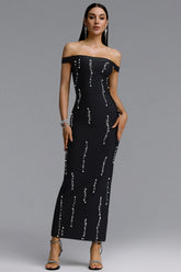 Doro Chic Contour Off Shoulder Pearl Rhinestone Vertical Bandage Maxi Dress