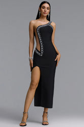 Ikala Chic Contour One Shoulder Rhinestone Cut Out High Slit Bandage Maxi Dress