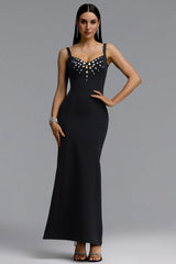 Zaina Chic Contour Spaghetti Strap V Neck Diamond Bandage Black Maxi Dress