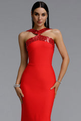 Riza Chic Contour Halter Rhinestone Bandage Red Maxi Dress