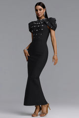 Vazada Elegant Contour High Neck Bow Puff Sleeve Bandage Black Maxi Dress