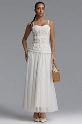 Yuyo Elegant Cinched Spaghetti Strap Floral Lace Trimmed Tulle Top and Skirt Two Piece Set
