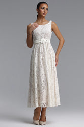 Verna Elegant Cinched Round Neck Sleeveless Floral Lace Maxi Dress