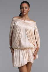 Fawn Resort Flowy Off Shoulder Shimmer Satin Mini Dress