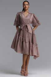 Kila Resort Flowy V Neck Puff Sleeve Woven DustyRose Mini Dress