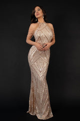 Sequin Halterneck Maxi Mermaid Prom Dress - Champagne