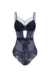 Endora Sexy Contour Cut Out Bow Lace Blue Bodysuit