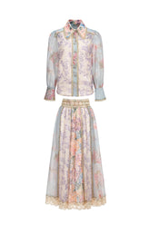 Ruby Long Sleeve Floral Printed Lace Top And Skirt Two-Piece Set