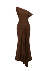 Paulina Oblique Shoulder Sleeveless Folds Brown Midi Dress
