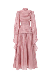 Viky Resort Waist-Defining Long Sleeve Ruched Woven Dark Pink Maxi Dress