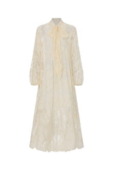 Deliyn Resort Flowy Long Sleeve Embroidered Mesh Lace Yellow Maxi Dress