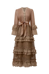 Hakula Resort Flowy Long Sleeve Falbala Lace Woven Maxi Dress