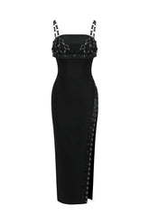 Cherrie Leather Weaved Top & High Slit Bandage Midi Dress